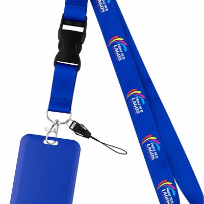 Custom branded lanyard with ID card holder, personalized with company logo and name